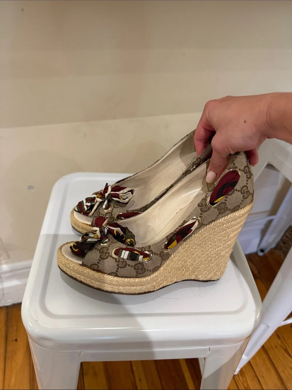 Designer Monogram Espadrille Wedge in Beige and Tan